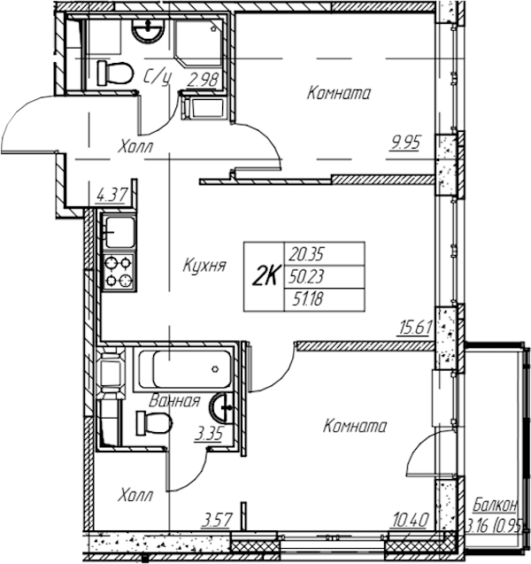 1-комнатная квартира 51.18 м², 20/22 эт., ЖК «Парк-квартал Юнтолово»